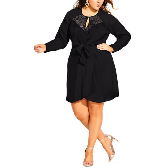 City Chic Short Dress Womens Plus Black Keyhole Lace Long Sleeve Pullover 16W - Picture 1 of 8